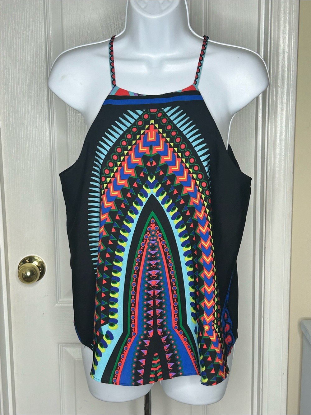 Moa Moa Black Halter Camisole with Multicolor Geometric Print